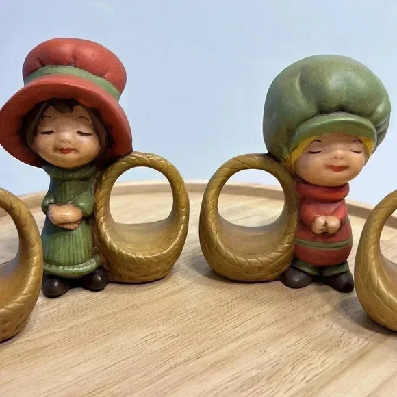 Vintage 70s Holly Hobbie napkin holders 4” tall hand painted girls with baskets - Picture 4 of 6